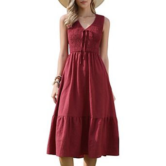 Sleeveless Dress for Women V Neck Smocked A Line Summer Casual Tiered Midi Dresses