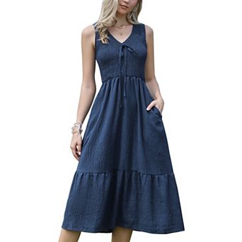 Sleeveless Dress for Women V Neck Smocked A Line Summer Casual Tiered Midi Dresses