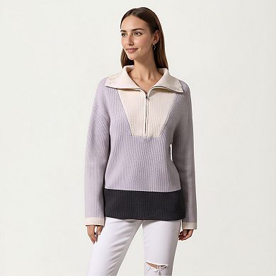 Women’s Ribbed Knit Half Zip Top with Soft Textured Fabric, Wide Foldover Collar and Long Sleeves