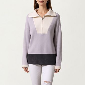 Women’s Ribbed Knit Half Zip Top with Soft Textured Fabric, Wide Foldover Collar and Long Sleeves