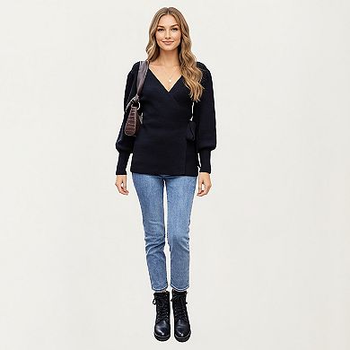 Women’s Knit Wrap Top with Long Sleeves, Soft Textured Ribbed Fabric and Side Tie Detail