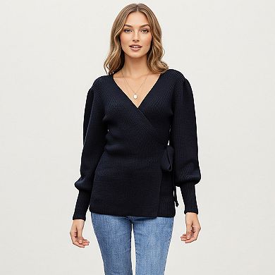 Women’s Knit Wrap Top with Long Sleeves, Soft Textured Ribbed Fabric and Side Tie Detail