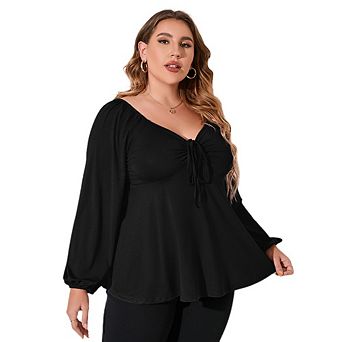 Womens Plus Blouses Long Sleeve Sweetheart Neckline Babydoll Ruffle Peplum Smocked Casual Fall Tops