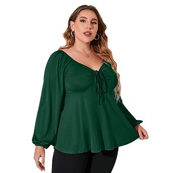 Womens Plus Blouses Long Sleeve Sweetheart Neckline Babydoll Ruffle Peplum Smocked Casual Fall Tops