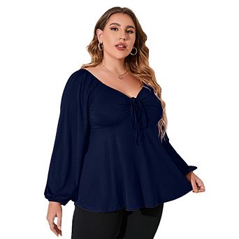 Womens Plus Blouses Long Sleeve Sweetheart Neckline Babydoll Ruffle Peplum Smocked Casual Fall Tops