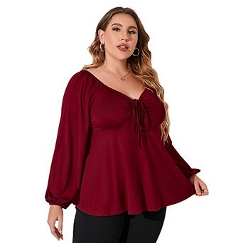 Womens Plus Blouses Long Sleeve Sweetheart Neckline Babydoll Ruffle Peplum Smocked Casual Fall Tops