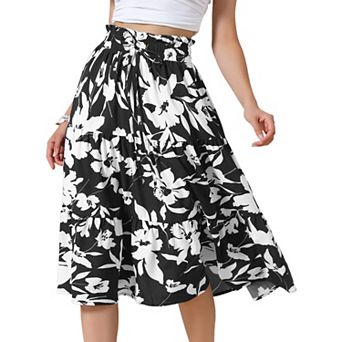 Floral Midi Skirt for Women's Summer Elastic Waist Dressy Casual A-line Boho Skirts