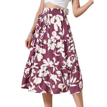 Floral Midi Skirt for Women's Summer Elastic Waist Dressy Casual A-line Boho Skirts