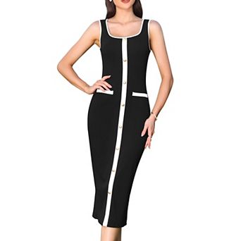 Sleeveless Midi Dresses for Women's Square Neck Contrast Color Knit Bodycon Dress