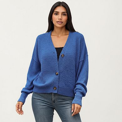 Women’s Textured Knit Button Front Top with Soft Cozy Fabric, Relaxed Drop Shoulder Silhouette