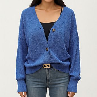 Women’s Textured Knit Button Front Top with Soft Cozy Fabric, Relaxed Drop Shoulder Silhouette