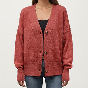 Women’s Textured Knit Button Front Top with Soft Cozy Fabric, Relaxed Drop Shoulder Silhouette