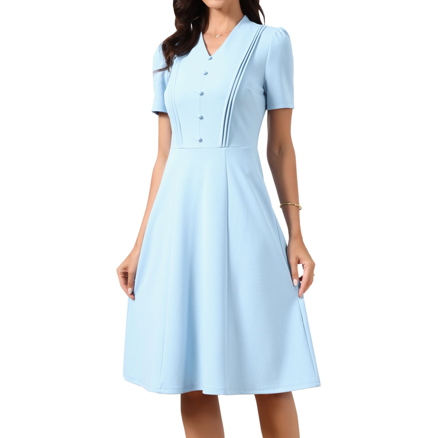 Женские платья Work Dresses for Women Midi Length Short Sleeve V Neck Button Decro A-Line Business Casual Dresses
