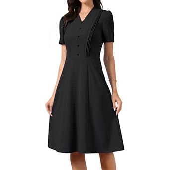 Work Dresses for Women Midi Length Short Sleeve V Neck Button Decro A-Line Business Casual Dresses