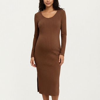 Women's Ribbed Knit Maternity Dress with Long Sleeves, Scoop Neckline and Soft Stretch Fit