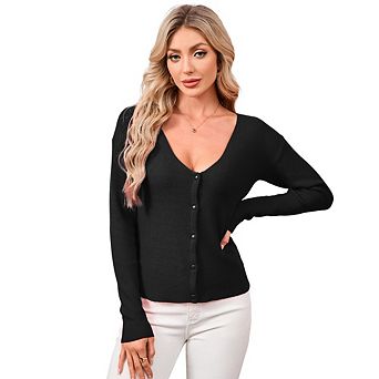 Womens V Neck Cardigan Sweaters Button Down Long Sleeve Ribbed Sweater Blazer Fall Going Out Tops