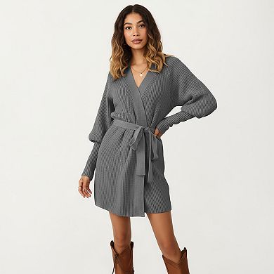 Women’s Knit Wrap Top with Long Sleeves, Soft Textured Ribbed Fabric and Adjustable Waist Tie