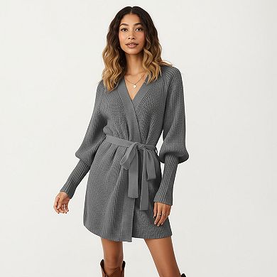 Women’s Knit Wrap Top with Long Sleeves, Soft Textured Ribbed Fabric and Adjustable Waist Tie