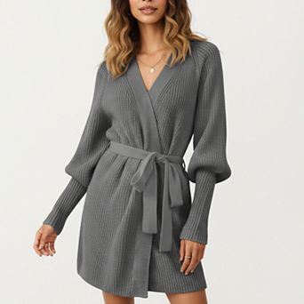 Women’s Knit Wrap Top with Long Sleeves, Soft Textured Ribbed Fabric and Adjustable Waist Tie