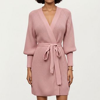 Women’s Knit Wrap Top with Long Sleeves, Soft Textured Ribbed Fabric and Adjustable Waist Tie