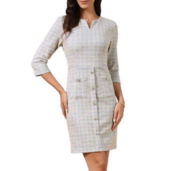 Tweed Dress for Women Vintage 3/4 Sleeve Business Office Wear to Work Sheath Dress