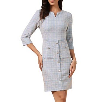 Tweed Dress for Women Vintage 3/4 Sleeve Business Office Wear to Work Sheath Dress