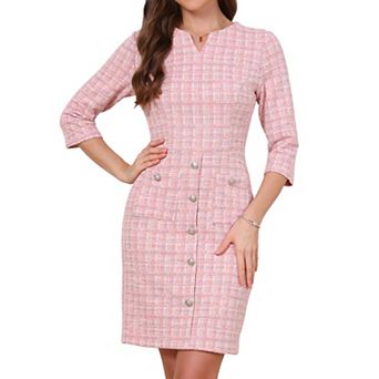 Tweed Dress for Women Vintage 3/4 Sleeve Business Office Wear to Work Sheath Dress