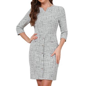 Tweed Dress for Women Vintage 3/4 Sleeve Business Office Wear to Work Sheath Dress