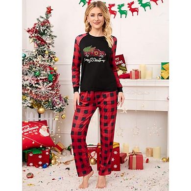 Women's Christmas Sleepwear Long Sleeve Sleep Shirt With Plaid Pants Soft Loungewear Pjs Set