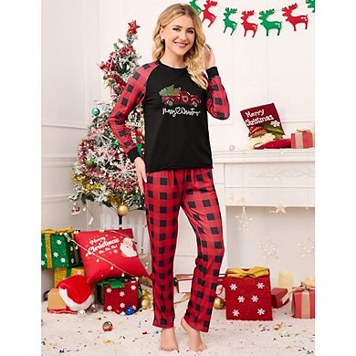 Women's Christmas Sleepwear Long Sleeve Sleep Shirt With Plaid Pants Soft Loungewear Pjs Set