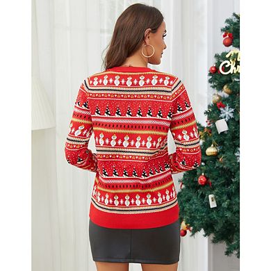 Women's Casual Christmas Sweater Long Sleeve Cute Little Snowman Pullover
