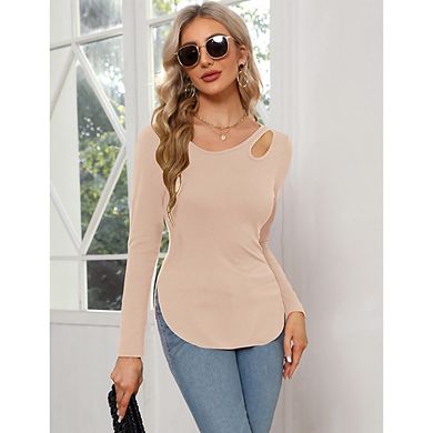 Long Sleeve Shirt for Women Asymmetrical Hem Shoulder Cutout Y2K Side Split Stretchy Slim Fit Blouse