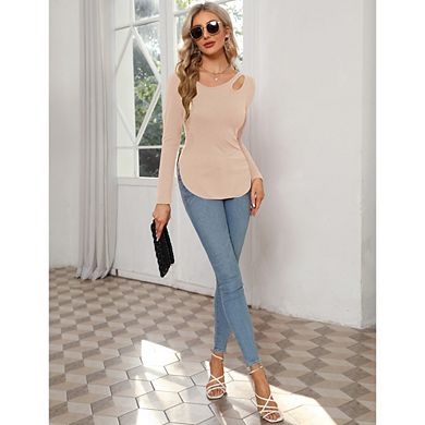 Long Sleeve Shirt for Women Asymmetrical Hem Shoulder Cutout Y2K Side Split Stretchy Slim Fit Blouse