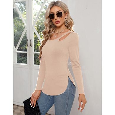 Long Sleeve Shirt for Women Asymmetrical Hem Shoulder Cutout Y2K Side Split Stretchy Slim Fit Blouse