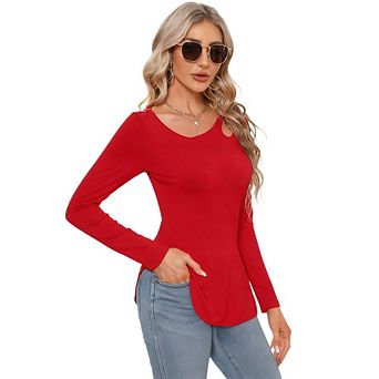Long Sleeve Shirt for Women Asymmetrical Hem Shoulder Cutout Y2K Side Split Stretchy Slim Fit Blouse