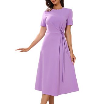 Summer Dresses for Womens Elegant Crew Neck Tie Waist Short Sleeve Midi Dress