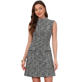 Tweed Dress for Women's Mock Neck Sleeveless Office Sheath Dress