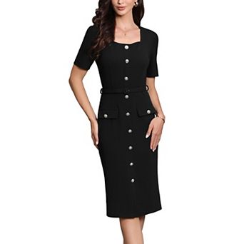 Work Dress for Women Square Neck Button Down Short Sleeve Vintage Sheath Dresses with Belt