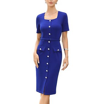 Work Dress for Women Square Neck Button Down Short Sleeve Vintage Sheath Dresses with Belt