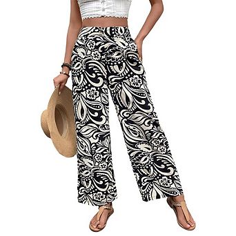 Women Boho Paisley Print Wide Leg Pants High Waiste Flowy Trousers with Pockets Vintage Casual Pants