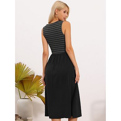 Casual Dress for Women's Summer Striped Patchwork Square Neck Sleeveless A-Line Midi Dress