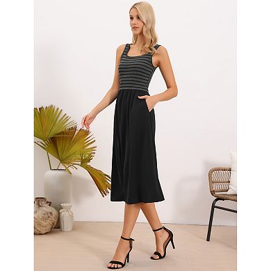 Casual Dress for Women's Summer Striped Patchwork Square Neck Sleeveless A-Line Midi Dress