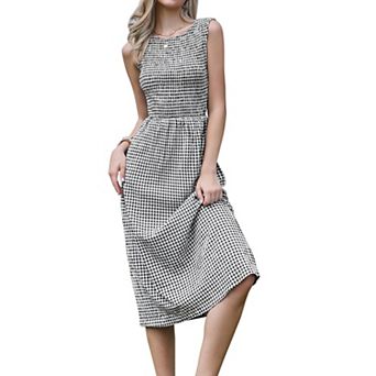 Plaid A-Line Dress for Women Smocked Sleeveless Crew Neck Flowy Midi Summer Dresses with Pockets