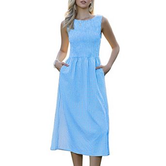 Plaid A-Line Dress for Women Smocked Sleeveless Crew Neck Flowy Midi Summer Dresses with Pockets