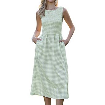 Plaid A-Line Dress for Women Smocked Sleeveless Crew Neck Flowy Midi Summer Dresses with Pockets