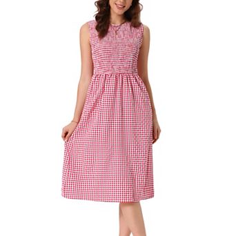 Plaid A-Line Dress for Women Smocked Sleeveless Crew Neck Flowy Midi Summer Dresses with Pockets