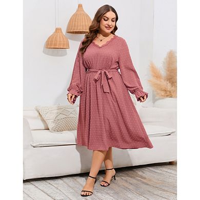 Womens Plus Wrap V Neck Swiss Dot Lantern Sleeve Swing Boho Casual Dresses Fall Wedding Guest Dress
