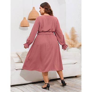 Womens Plus Wrap V Neck Swiss Dot Lantern Sleeve Swing Boho Casual Dresses Fall Wedding Guest Dress