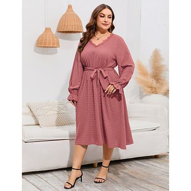 Womens Plus Wrap V Neck Swiss Dot Lantern Sleeve Swing Boho Casual Dresses Fall Wedding Guest Dress