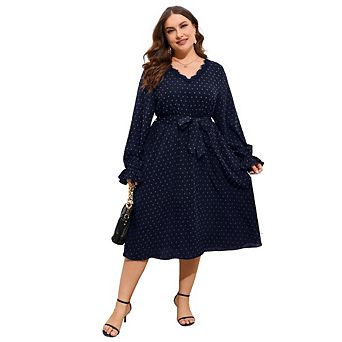 Womens Plus Wrap V Neck Swiss Dot Lantern Sleeve Swing Boho Casual Dresses Fall Wedding Guest Dress